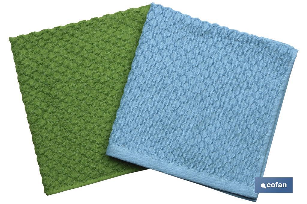 Pack de 2 paños de cocina | Medidas: 50 x 50 cm | Color verde y azul | Modelo Merlot